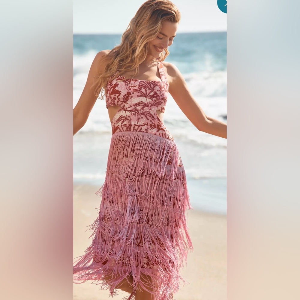 Anthropologie Celandine NWTs Linen Pink Fringe Column Midi Dress size XL